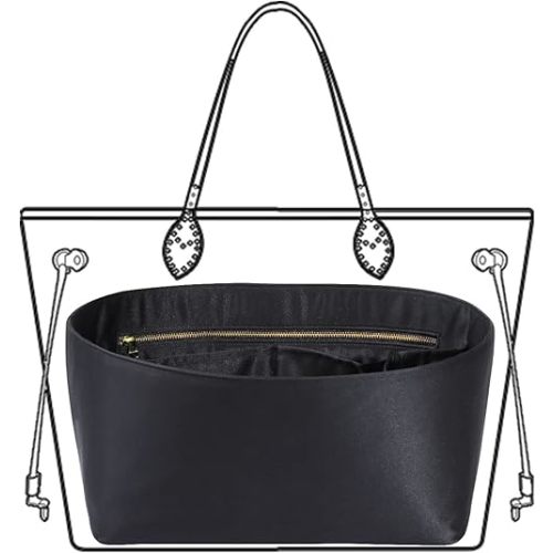 Purse Organizer Insert For Handbags, Silk Purse Organizer with Zipper, Silky Smooth, Bag Organizer For Speedy Neverfull Tote,onthego,Artsy, 6 Sizes(Large, Silky Black)