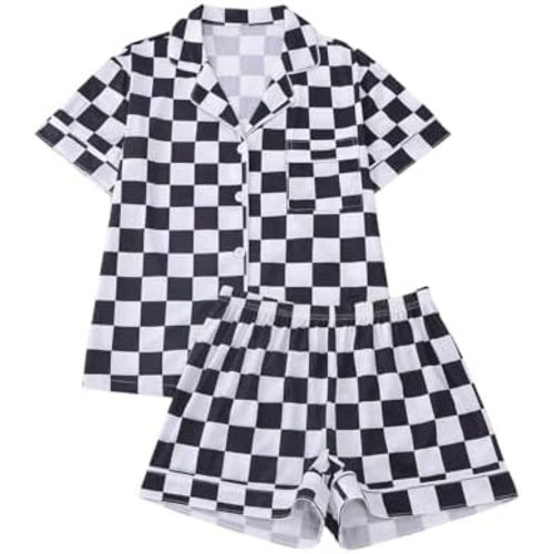 WDIRARA Women's Plaid Checkered Pajama Set Short Sleeve Button Down Short Pjs Set Loungewear Sets