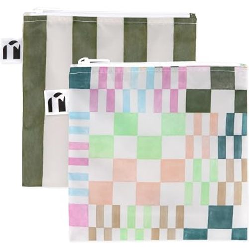 Bumkins Roamio Reusable Sandwich and Snack Bags, for Kids School Lunch and for Adults Portion, Washable Fabric, Waterproof Cloth Zip Travel Pouch, Food-Safe, Large 2-pk Green Stripe and Multi Check
