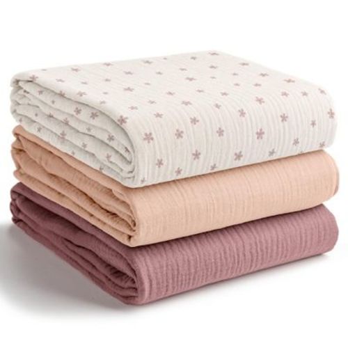 Comfy Cubs Muslin Swaddle Blankets Pack of 3 - Large 42" x 42" 100% Cotton Baby Blanket Set Wraps - Flower Pattern, Blush, Mauve