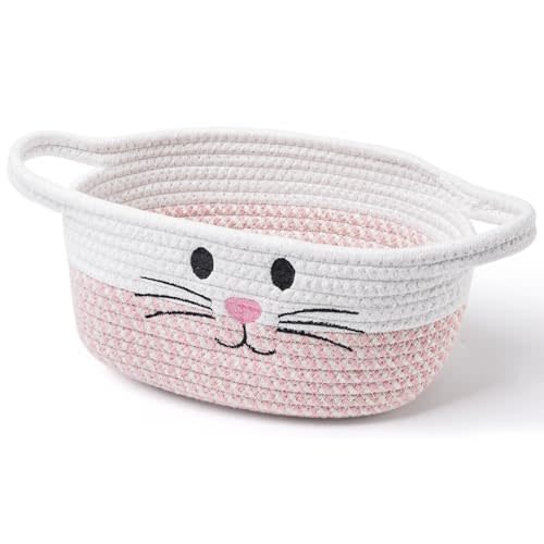 STOBSK Small Woven Baskets for Organizing with Handle Cute Cotton Basket for Nursery Gift Dog Cat Toy Storage Basket for Toy Organizer-Pink