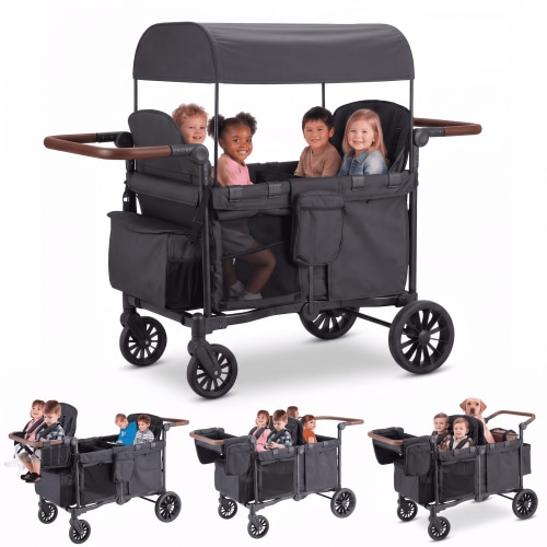 SACVON 4-in-1 Baby Stroller Wagon, 4-Seat Convertible Wagon for Kids with Removable Canopy, Cooler Bag, Adjustable Handle, for Outdoor Camping & Travel, Black