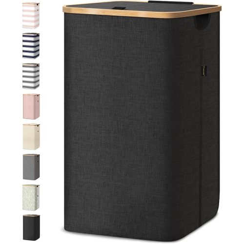 BALEINE Laundry Hamper with Lid, Tall Laundry Baskets with Bamboo Pull Handles, Large Laundry Bin with Internal Support (18 Gal/70L, Black)