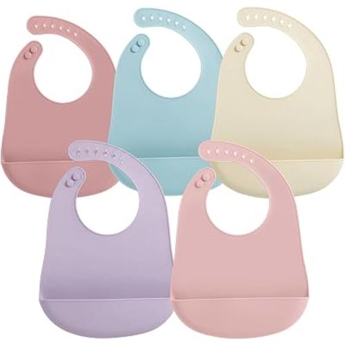 PandaEar 5 Pack Waterproof Silicone Baby Bibs| Super Thin Light Weight Feeding Bib with Food Catcher Pocket for Toddler