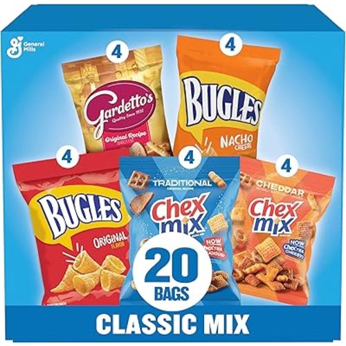 Classic Mix Snack Variety Pack, Bugles Original and Nacho Cheese, Gardetto's Original Recipe, Chex Mix Traditional and Cheddar, 20 Ct, 28 oz