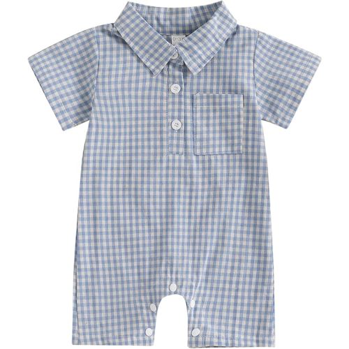 Karuedoo Newborn Baby Boy Clothes Gingham Short Sleeve Collared Romper Jumpsuit Plaid Button Down Bodysuit Summer Outfit
