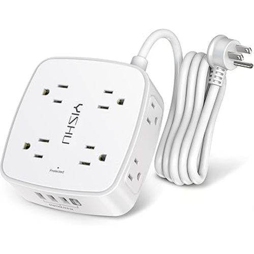 6 Ft Surge Protector Power Strip - 8 Widely Outlets with 4 USB Ports, 3 Side Outlet Extender with 6 Feet Extension Cord, Flat Plug, Wall Mount, Desk USB Charging Station, ETL,White