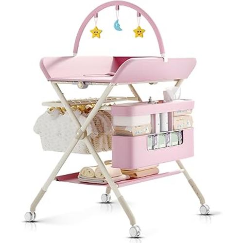 Changing Table, Portable Baby Changing Table with Wheels, Upgraded Foldable Diaper Changing Station with 5-Level Adjustable Height & Large Nursery Organizer Storage for Newborn Infant (Pink)