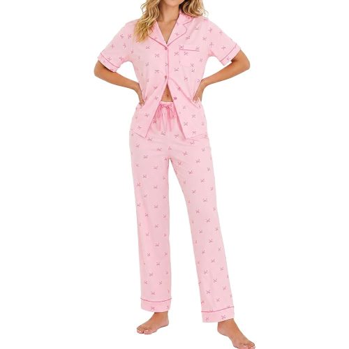 LUBOT 100% Cotton Pajamas for Women Pajama Set Soft 2 Piece PJ Ladies Knit Button Short Sleeve with Pants Sleepwear XS-XXL