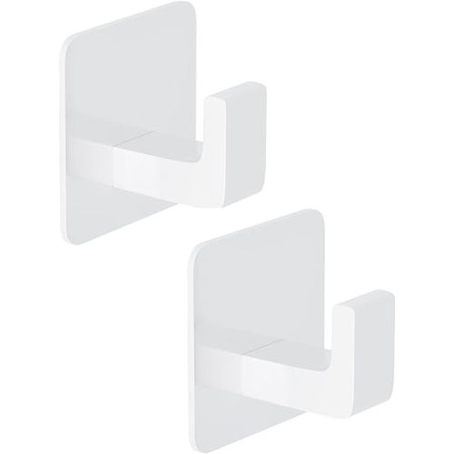 Square Self Adhesive Towel Hooks - 2 Pack Matte White Metal Hooks, Right-Angle Design for Towels, Robes & Hats, Organize Bathroom, Kitchen, Entryway, Doors, Cabinets on Smooth Surfaces