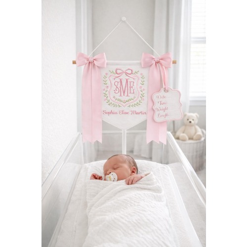 Personalized Baby Name Banner with Floral, Custom Nursery Crib Banner, Embroidered Baby Name Sign,Newborn Photo Prop Decor,Baby Shower Gift