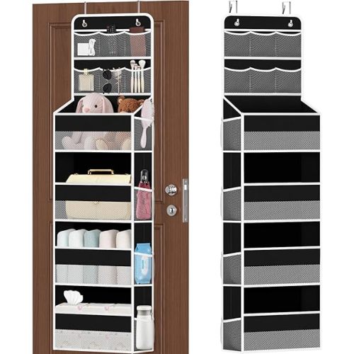 SpaceHacks 6-Tier Over the Door Organizer with Mesh Pockets, Baby Nursery Storage for Closet, Bathroom and Bedroom, Adjustable Hanging Closet Organizer for Cosmetics, Books and Essentials (Black)