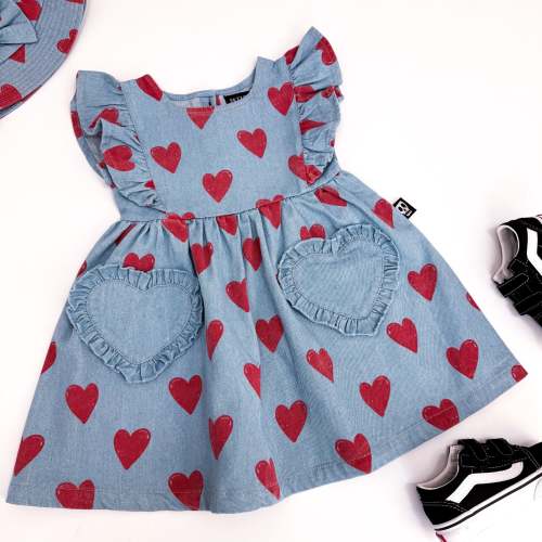 LOVE HEART DENIM FRILL SLEEVE DRESS – Skeletots