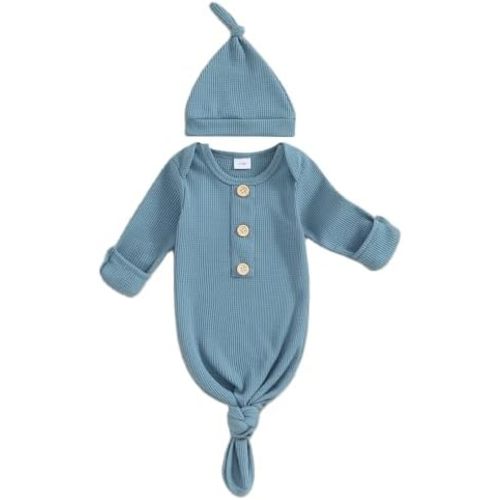 BULINGNA Newborn Baby Boys Girls Knotted Gown with Hat Set, Unisex Infant Nightgown with Mittens Sleepwear One Piece Pajamas