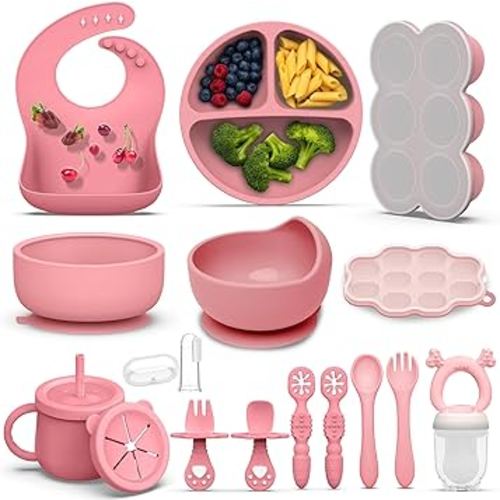 16 Pack Silicone Baby Feeding Set, BPA-Free Baby LED Weaning Supplies, Include Suction Plates, Baby Bowls, Silicone Fork & Spoon, and More, First Stage Baby Food Eating Utensils - 6+ Months(Pink, 16)