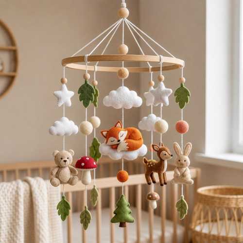 Woodland Baby Mobile Cribs, Felt Crib Mobile, Handmade Nursery Decor, Neutral Baby Shower Gift, Soft Animal Hanging Mobile
