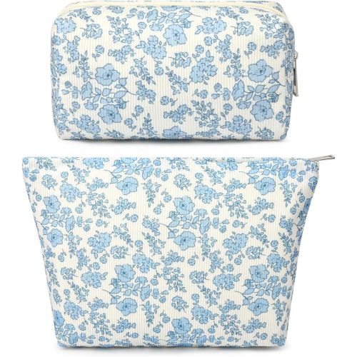 SOIDRAM 2 Pcs Makeup Bag Large Cosmetic Bag Toiletry Bag Makeup Pouch Travel Bag Organizer Cute Makeup Brushes Aesthetic Accessories Storage Bag for Women Blue Floral