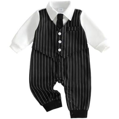 Newborn Baby Boy Halloween Outfit Pinstripe Tuxedo Romper Gothic Formal Jumpsuit with Tie Halloween Costumes 0-24M