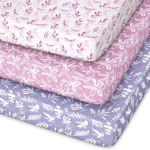 Unnivoll Pack and Play Sheets Fitted 3 Pack, Mini Crib Sheets for Pack N Play Mattress Stretchy Portable Playard Sheets, Soft Breathable Purple Leaf