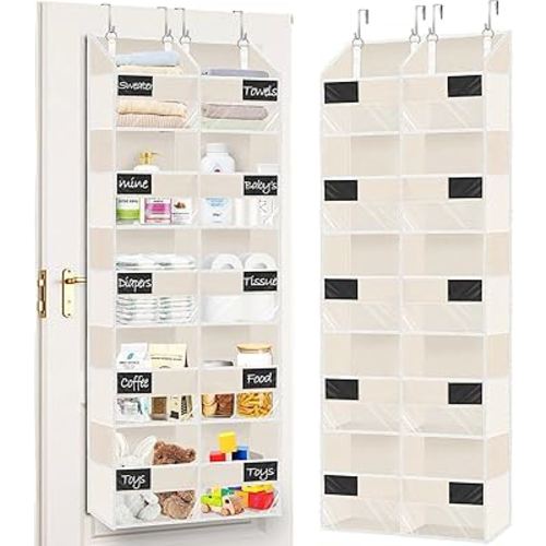 Over the Door Organizer, 5-Tier Extra Large Storage with 10 Pockets and PVC Label Pouches, 80 lbs Capacity Hanging Closet Organizer, Beige