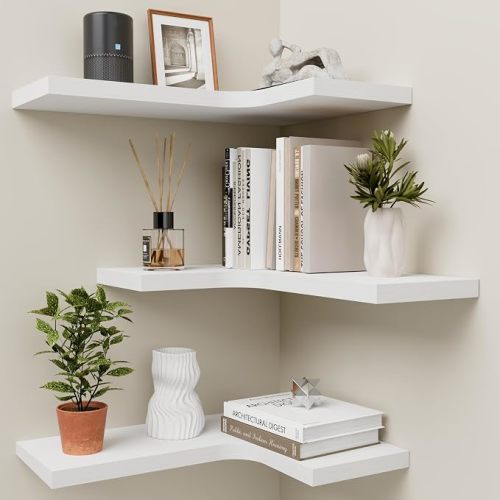 Corner Floating Shelves for Wall Mounted L-Shaped Wood Corner Wall Shelf, Hanging Shelf for Bathroom, Bedroom, Kitchen, Living Room, Office, Home Decor, Set of 3 (White)