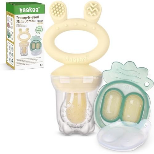 Haakaa Baby Fruit Food Feeder & Mini Freezer Nibble Tray Combo, Breastmilk Popsicle Molds for Baby Cooling Relief, BPA Free Silicone Feeder for Safe Infant Self Feeding, 4 Month+(Oat)