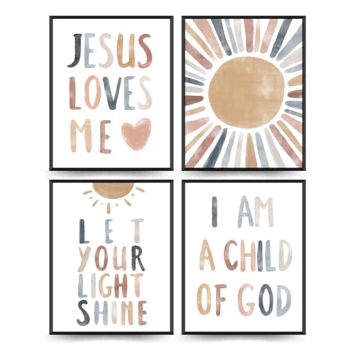 PLKMN Jesus Loves Me Wall Art Prints,Child of God,Inspirational Bible Verses Boho Sun Decor for Nursery Baby Kids Bedroom,Gifts for Kids 10x8 Inch Set of 4 Unframed