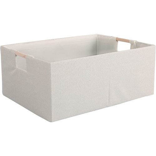 Fabric Storage Bin Box Foldable Cotton Linen Storage Basket with Wooden Handles Rectangular Cube Decorative Home Laundry Organizer Clothes Blanket Container – Beige, Medium