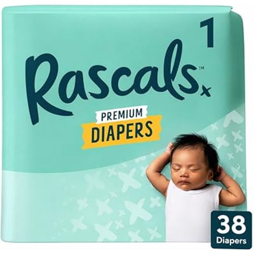 Rascals Premium Disposable Baby Diapers Size 1 (38 Count), Absorbent Core, Up to 12 Hours Protection, Gentle Materials, Secure Fit, Soft Comfort