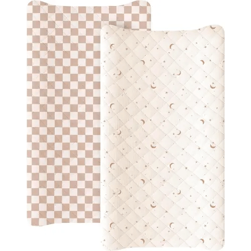 Konssy Waterproof Muslin Changing Pad Cover 2 Pack, Quilted Cotton Fitted Diaper Changing Table Cover, Soft Changing Pad Sheets for Girls Boys (Coffee Check,Moon)