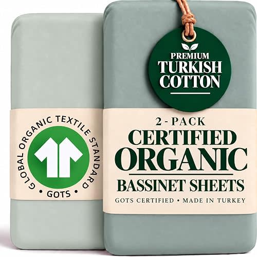 GOTS Organic Bassinet Fitted Sheets 33x20 for Maxi-COSI Iora, Koola Baby, Baby Joy, Angelbliss, Kidsclub | Luxuriously Thick 190 GSM Organic Cotton | 2-Pack Bedside Sleeper Sheets