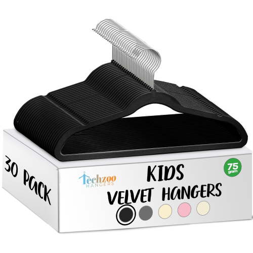 Techzoo Premium Kids Velvet Hangers 30 Pack  14" Non Slip Felt Cloth Hangers for Closet  Ultra Slim, Space Saving Kids Clothes Hangers with 360 Swivel Hook, Toddler Children Kids Hangers  Black