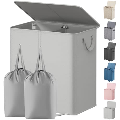 Lifewit Double Laundry Hamper with Lid and Removable Laundry Bags, Large Collapsible 2 Dividers Dirty Clothes Basket with Handles for Bedroom Laundry Room Closet Bathroom College, 136L Silver Gray