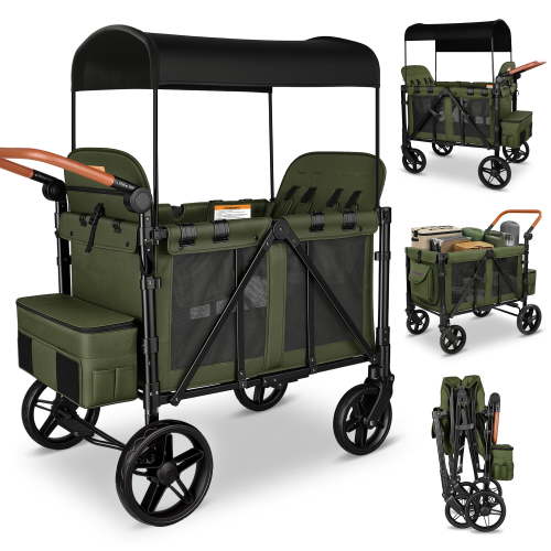 Vomeast Wagon Stroller for 4 Kids, 3-in-1 Outdoor Baby Stroller Wagon with Canopy, 5-Point Harness, Green