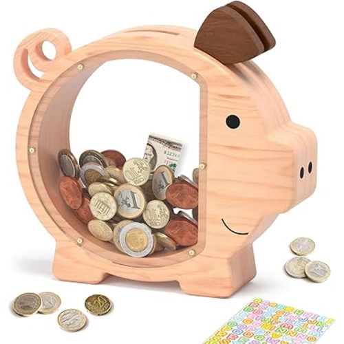 Wooden Piggy Bank for Boys Kids Girls, Clear Large Animal Coin Bank, Unbreakable Wood Money Bank for Toddler Real Money Toy Personalized Present for Child Birthday & Decor