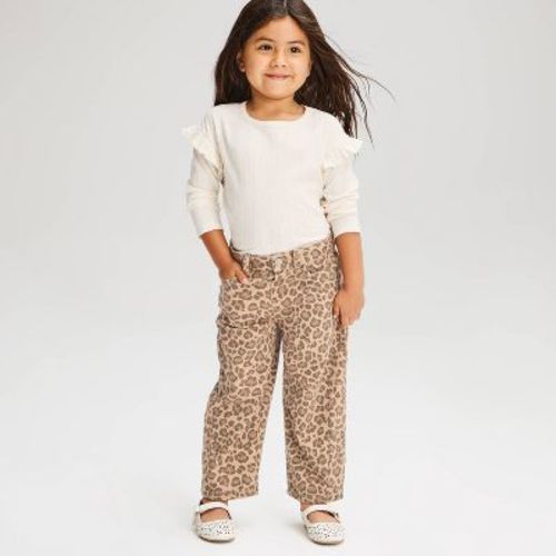 Toddler Girls' Leopard Barrel Leg Denim Pants - Cat & Jack™ Brown 18M