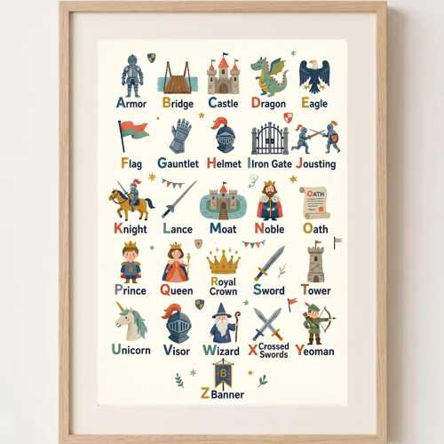Knights and Castle Alphabet Poster, ABC Dragon Wall Art, Boys Nursery Decor, Educational A to Z Print, Castle Chart, Toddler Boy Gift