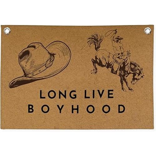 Long Live Boyhood Wall Hanging, Western Farmhouse Cowboy Banner Print,Cowboy Nursery Decor Boy,Retro Cowboy Wall Art for Boys Room Bedroom Home Farmhouse 30X20 Inch