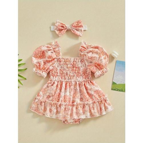 Newborn Baby Girl 2 Piece Outfits Fruit/Flower Print Ruched Short Sleeve Romper Dress With Cute Headband Set Summer Clothes | SHEIN USA