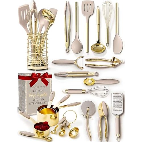 Styled Settings 23-Piece Beige and Gold Utensils Set – Silicone Nonstick Cooking Tools with Garlic Press, Can Opener, Measuring Cups, Utensil Holder – Luxury Kitchen Accessories for Modern Homes