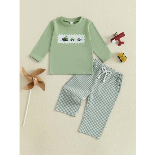 Toddler Infant Baby Boy Fall Clothes Airplane/Boat Embroidery Long Sleeve Shirt Top Plaid Pants Outfit | SHEIN USA
