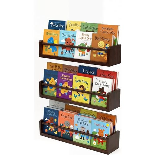 Deep Walnut Nursery Floating Shelves Set of 3– Wall Mounted Kids Bookshelf & Toy Organizer – 16 Inch Rustic Pine Hanging Display Book Shelves for Bedroom, Playroom, and Baby Decor