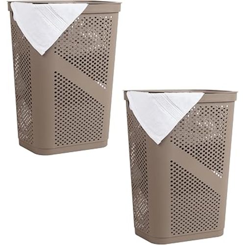 Mind Reader 60L Slim Laundry Hamper, Clothes Basket, Lid, Ventilated, Plastic, Set of 2, Tan