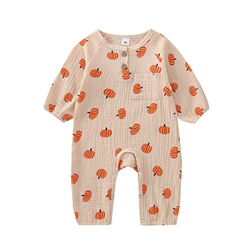 FIOMVA Newborn Baby Girl Boy Halloween Outfit Pumpkin Long Sleeve Romper Onesie Cotton Linen Jumpsuit Fall Winter Clothes