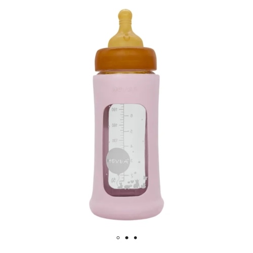 Hevea - Medium Flow Wide-Neck Glass Bottle with Protective Sleeve - Powder pink | Smallable