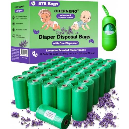 Baby Diaper Bag Disposable (640 Sacks) Lavender Scented 32 Refill Rolls with Dispenser Diaper Sack Disposable Dog Poop Cat Litter Poop Bags Sanitary Pad Waste Bags (Scented, 640 Bags)