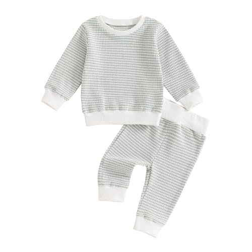 Baby Boy Fall Clothes Set Long Sleeve Crewneck Sweatshirts Pants Infant Newborn Waffle Stripe Outfits 6 12 18 24 Months