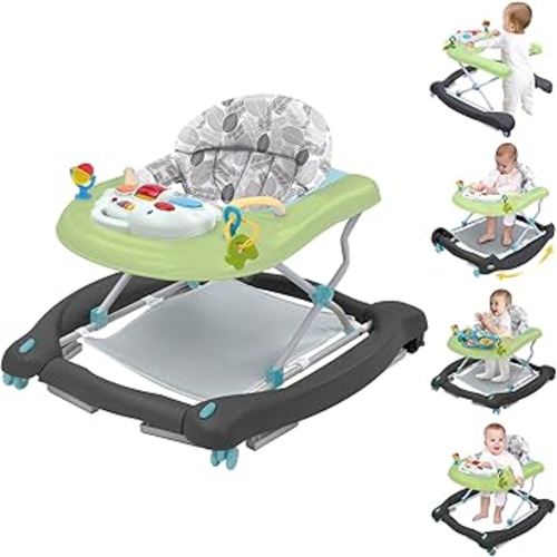 5 in 1 Foldable Baby Walker, Activity Baby Walker-Baby Bouncer, Rocker, Activity Center,Seat and Push Walker,Detachable Trampoline Mat, Adjustable Speed Rear Wheels and Height,Ages 6-18 Months(Green)