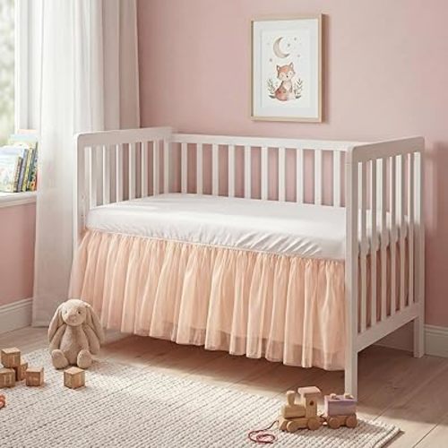 Oudain Pink Lace Crib Bed Skirts Double Layer Nursery Toddler Dust Ruffle Bedskirts 28''x 52'' Pink Tulle Lace Bedskirt for Boys Girls Nursery Toddler Bedskirt 14'' Drop Bed Skirt