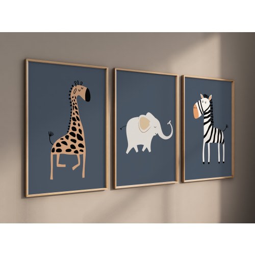 Safari Animal Nursery Prints: Navy Blue Jungle Art